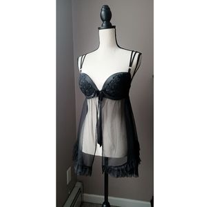 Victoria Secret Black Bow Embroidered Babydoll Lingerie Size 36C